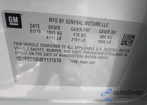 2015 Chevrolet Cruze 2Lt Auto z USA, uszkodzony, nr VIN 1G1PE5SB4F7171578